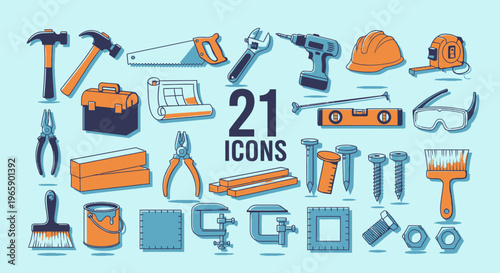 Set of 21 icon illustrations depicting various construction tools