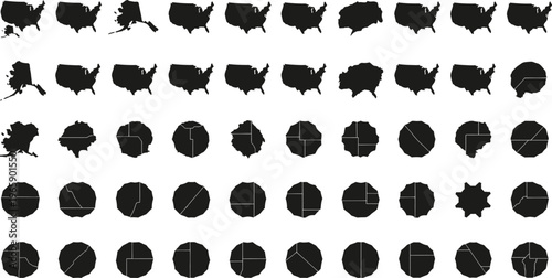 collection of black USA map and circle division charts on white background