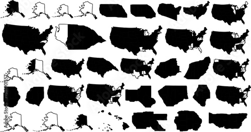 collection of various black silhouettes of the United States and other countries on white background