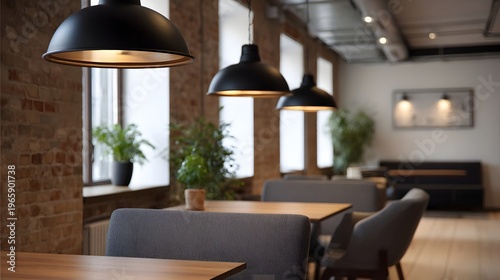 Modern interior of a co working space with industrial brick walls pendant lights tables and comfortable seating