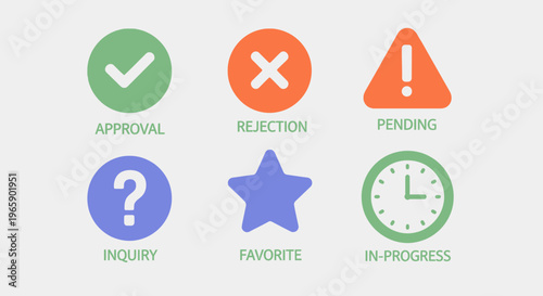Set of colorful circular icons representing various status and actions