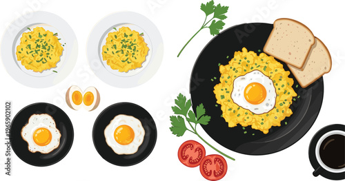 Delicious Breakfast Spread with Scrambled Eggs, Fried Eggs, Toast, Tomatoes, and Coffee in a Bright Cartoon Style