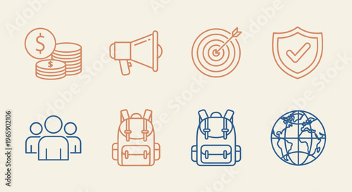 Set of financial marketing and travel icons against a neutral background