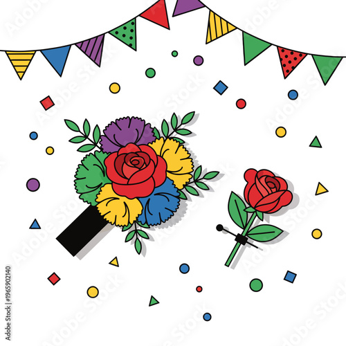 Corsage and boutonniere close up. Prom season floral accessories with confetti and bunting. Flat design vector illustration isolated on transparent background