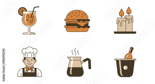 Set of food and drink illustrations including burger juice candles and chef