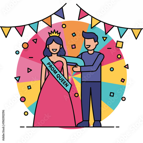 Prom queen receiving sash from king vector illustration. Flat design line art couple at high school dance isolated on transparent background