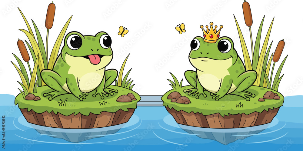 Fototapeta premium Two Frogs in a Pond, One Playful and One Royal with a Crown, Sitting on Lily Pads with Butterflies in a Cartoon Style