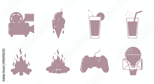 Set of icons representing entertainment leisure refreshments and activities