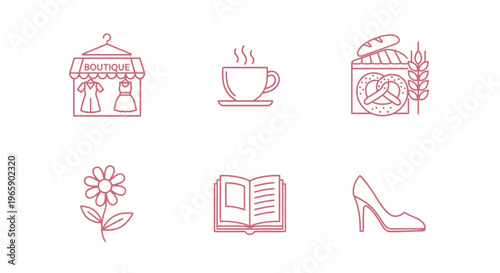 Set of line art icons representing shopping cafe food and fashion elements