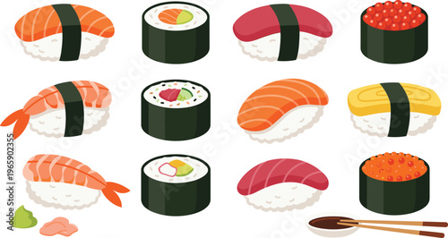Colorful Sushi Set Vector Illustration Featuring Salmon Tuna Shrimp Nigiri and Rolls with Chopsticks Wasabi and Soy Sauce for Japanese Food Design Projects