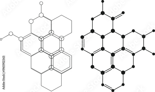 polycyclic aromatic hydrocarbon structure illustration, benzene ring diagram, chemical molecule connectivity sketch, aromatic compound design art, organic chemistry symbol