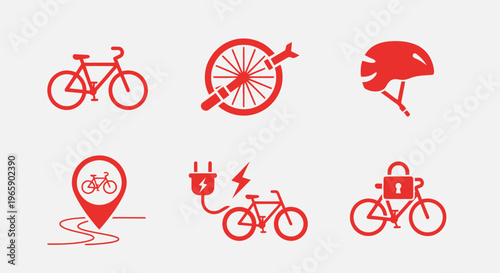 Set of red bicycle icons cycling repair safety and electric bike symbols