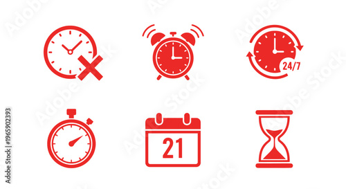 Set of red time icons clock alarm stopwatch calendar and hourglass
