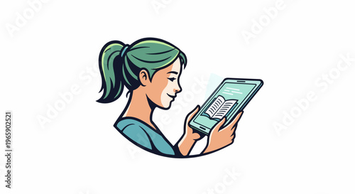 Woman with green hair reading an ebook on a tablet device