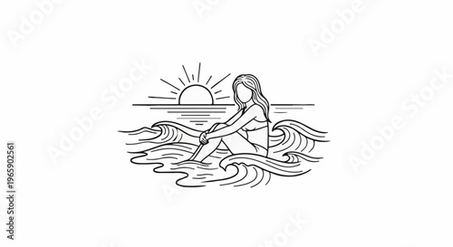 Woman in bikini sits in ocean waves with sunset behind her