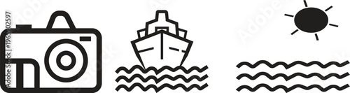  black and white vector icon set featuring a digital camera, a cruise ship sailing on ocean waves, and a bright summer sun.