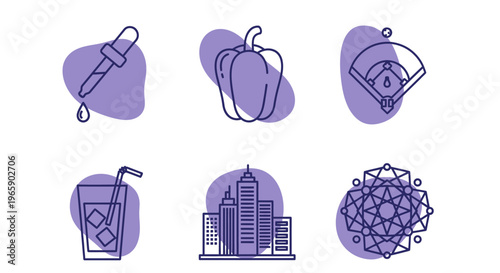 Set of various line art icons including dropper pepper and cityscape