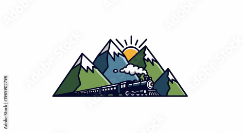 Vintage steam train travels through a picturesque mountain landscape at sunrise