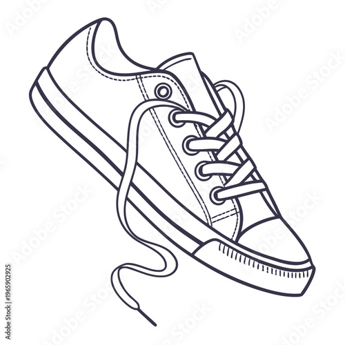 Detailed black and white line drawing of a single canvas sneaker with laces and a striped sole, representing footwear and athletic style