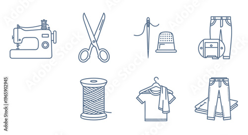 Sewing and tailoring icons collection needle thread scissors and apparel