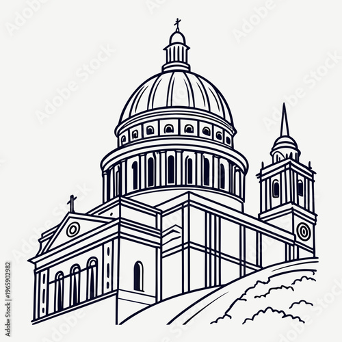 Classic cathedral building with grand central dome and ornate facade towers shown in detailed black outline style for architectural design projects