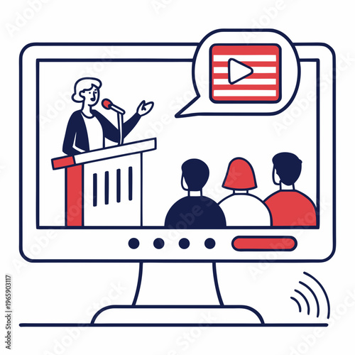 Online conference concept, woman giving a speech from podium, attendees viewing online via computer monitor, webinar