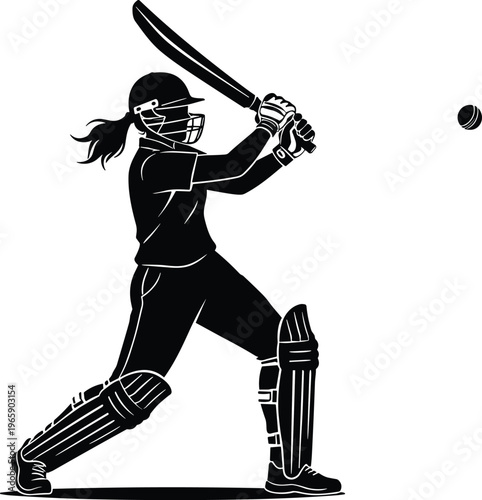 Female cricket player batting silhouette vector, woman cricketer hitting shot, professional sports athlete in action, minimalist black white sports icon.