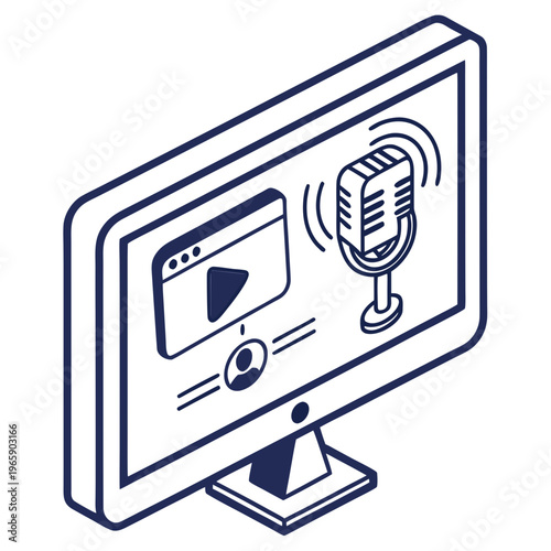 Online streaming platform concept, video player interface on a monitor, podcast microphone, digital content creation