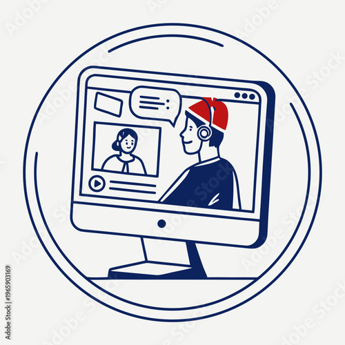 Online communication between two people on computer screen, virtual meeting with chat bubbles