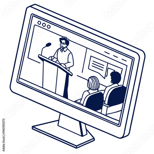 Online lecture and discussion on computer screen showing speaker and audience in virtual classroom setting