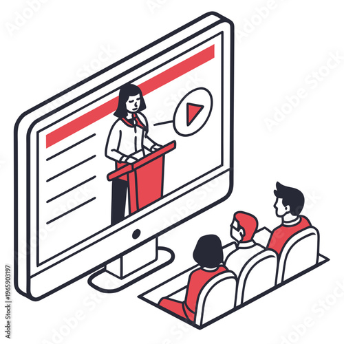 Isometric online lecture illustration with female professor speaking at podium on computer monitor for distance learning and digital education theme