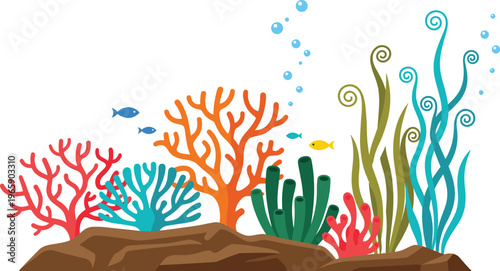 Underwater coral reef scene colorful fish sea plants marine biodiversity ocean ecosystem illustration design, aquatic artwork concept, tropical nature image