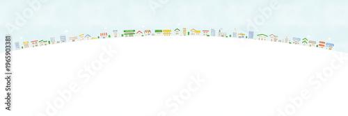 Watercolor panoramic houses landscape with gentle curved horizon and open sky space