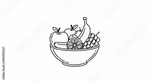A simple line drawing of a bowl overflowing with assorted fruits and a sliced orange
