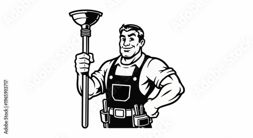 Cheerful worker in overalls holding a plunger