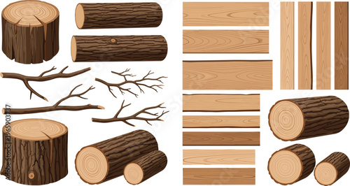 Various Wooden Logs, Tree Branches, and Wooden Planks in Different Shapes and Textures, Featuring Tree Stumps and Logs in a Cartoon Style