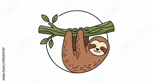 Cute sloth hanging from a branch, surrounded by a circle