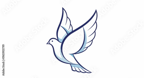A stylized blue and white dove with its wings spread open flies
