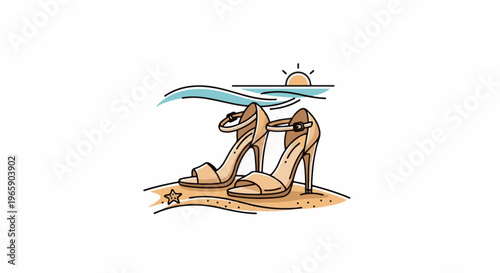 Elegant high heels rest on a sandy beach at sunset with gentle waves