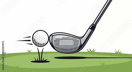 Golf club about to strike a ball on a tee over green grass