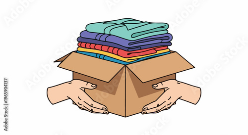 Hands hold a cardboard box with folded clothes of various colors inside