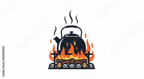 Kettle heating on a campfire, with steam rising
