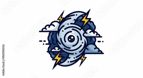 Swirling storm with eye, clouds, and lightning bolts