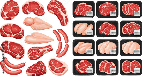 Various Meat Cuts Including Steaks, Sausages, Chicken, and Packaged Meat Trays with Labels in a Clean Cartoon Style