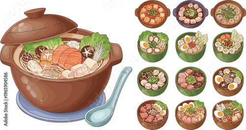 Delicious Hot Pot and Noodle Bowls with Meat, Vegetables, and Eggs in Various Broths, Served in Colorful Bowls