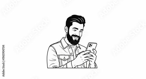 Smiling man with beard and stylish hair looking at phone
