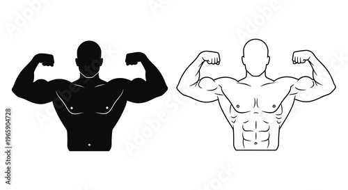 Two depictions of a muscular man one solid black one outlined