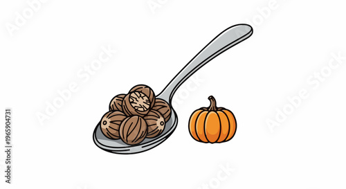 Spoonful of nutmeg with a small orange pumpkin