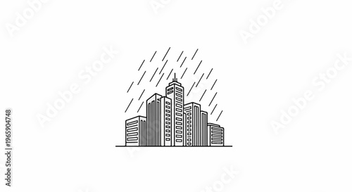 Stylized black and white line drawing of a city skyline with rain falling
