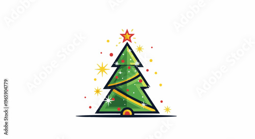 Stylized green Christmas tree with star topper, decorations, and festive sparkle